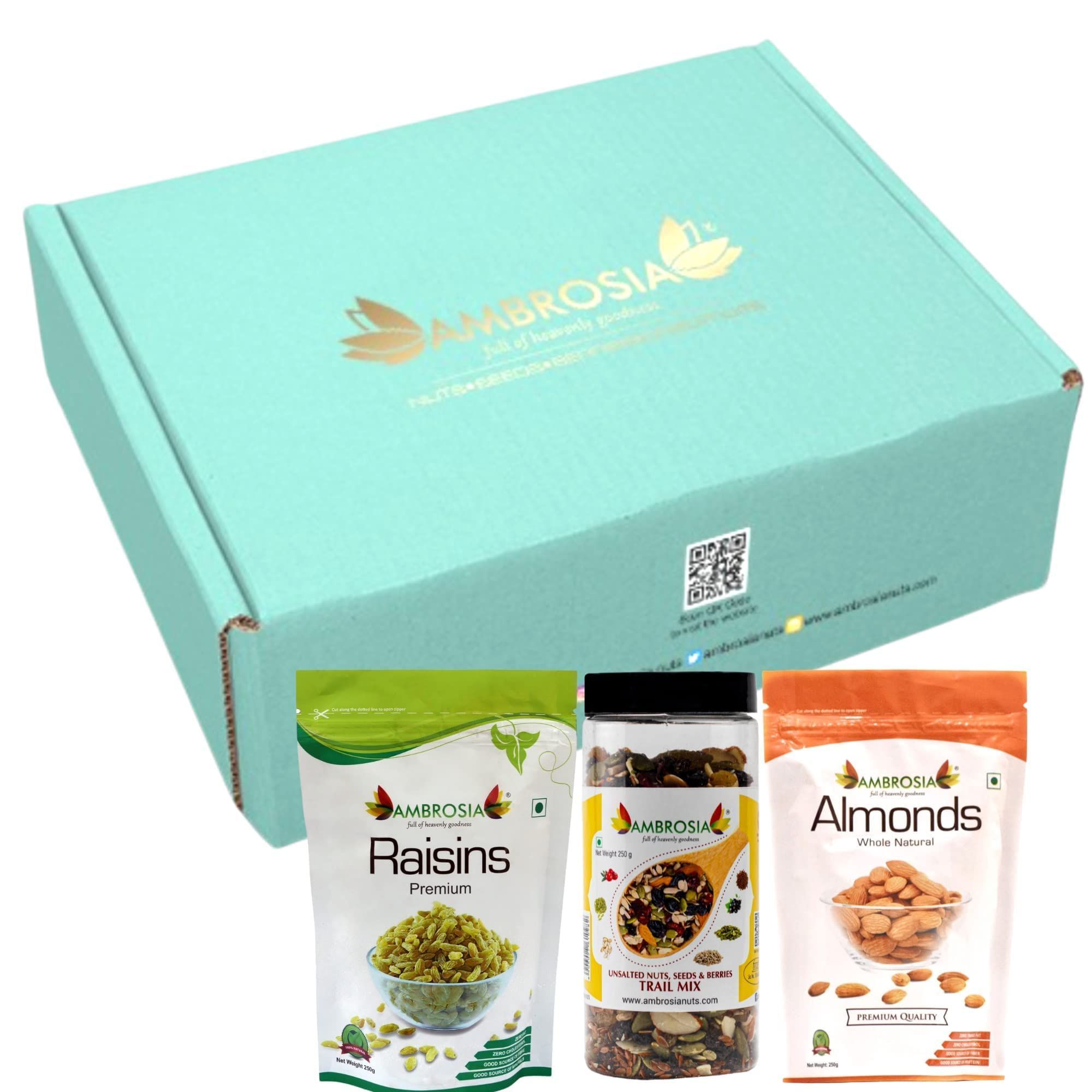 Ambrosia Premium Dry Fruit Gift Box Almonds 250g, Raisins 250 g, Trail Mix 250 g