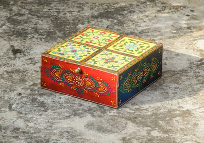 Wood To Cart® Wooden & Ceramic Painted Box, Storage Box, Jewelry Organizer, Desk Organizer, Indian Ethnic Style, Handmade