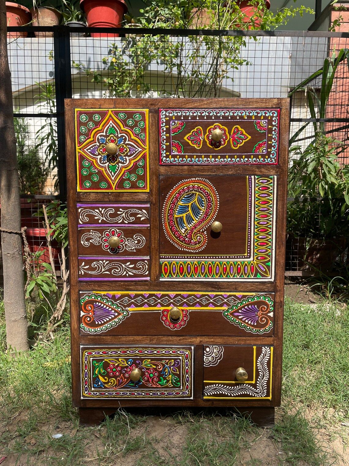 Wood To Cart® Wooden Bedside Table, 7 Drawer Chest, Storage Table, Chest Of Drawer, Handmade Hand-Painted, Indian Ethnic Style