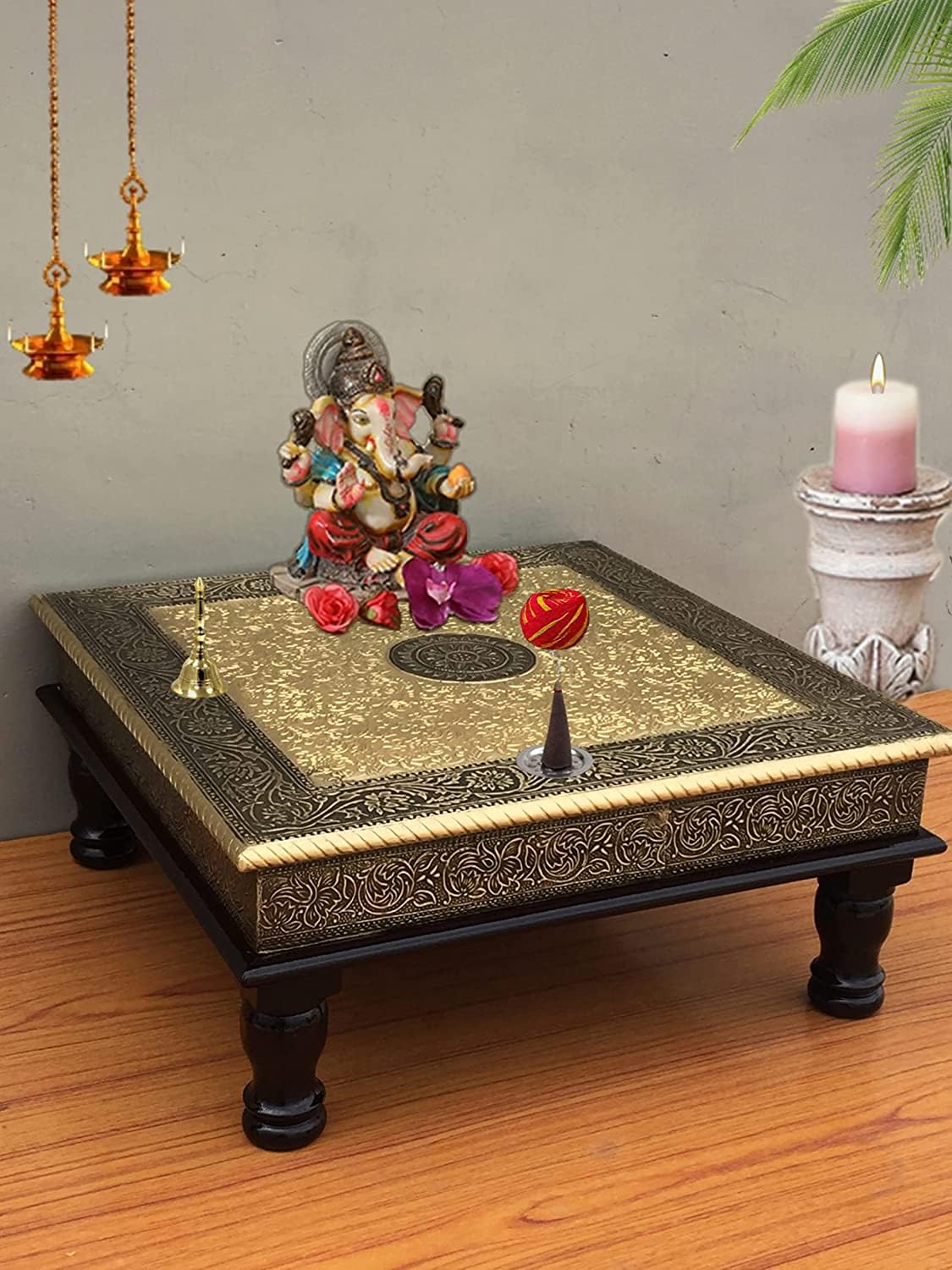 Wood To Cart® Pooja Bajot Stool/Pooja Decor/Pooja Chowki/Patla/Chowki for Daily Prayer/Sitting Chowki for All Purpose ( Brass- 15x15x6 inches)