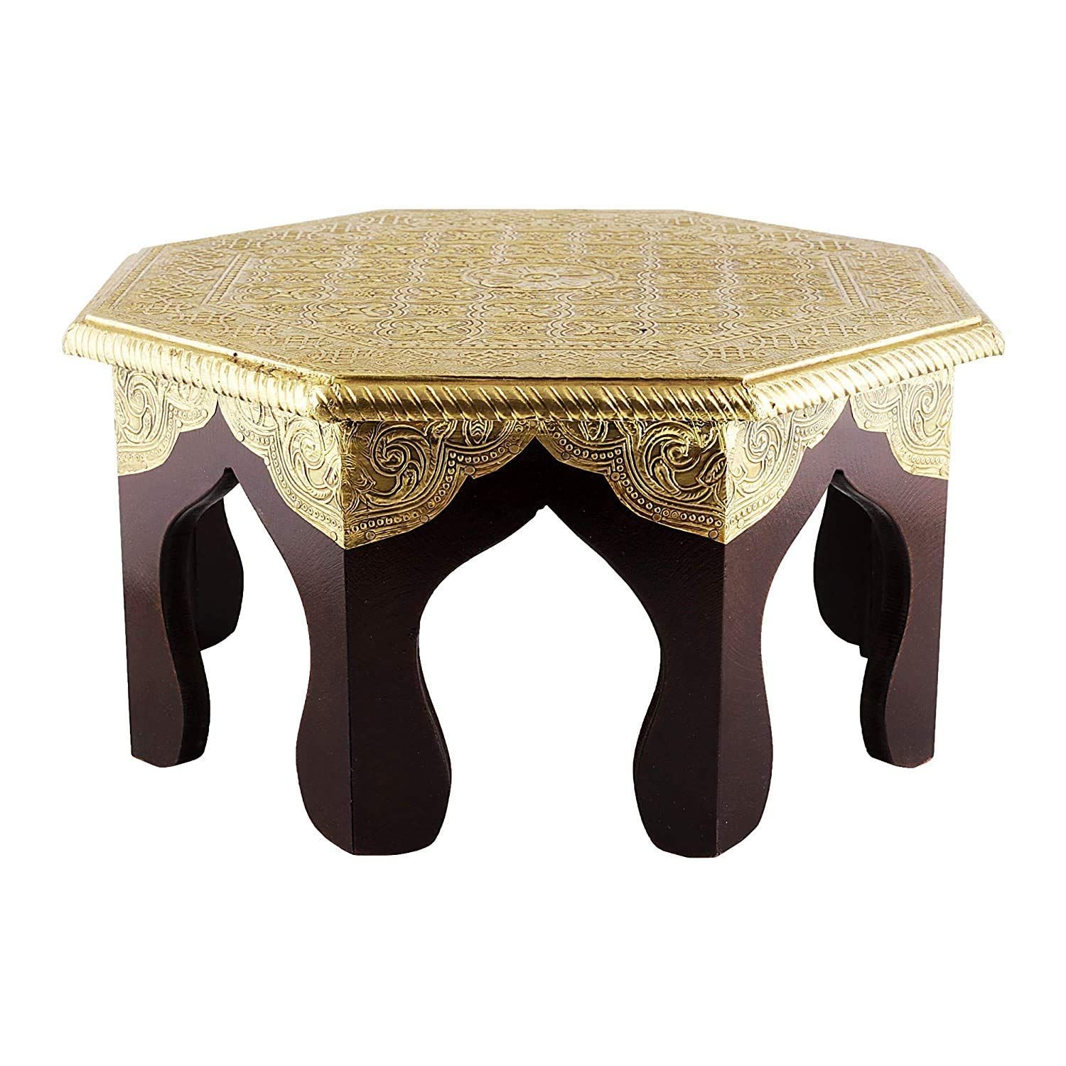 Wood_To_Cart Pooja Bajot Stool/Octangle Pooja Decor/Brass Chowki/Patla/Chowki for Daily Prayer/Sitting Chowki for All Purpose(Octangle bajot-12x12x6 inches)