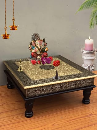 Wood To Cart® Pooja Bajot Stool/Pooja Decor/Pooja Chowki/Patla/Chowki for Daily Prayer/Sitting Chowki for All Purpose (Brass-12x12x6 inches)