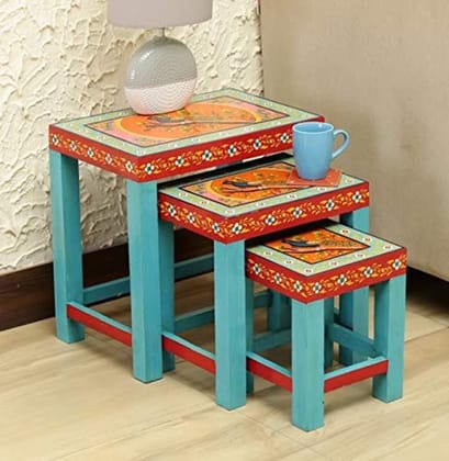 Wood To Cart Wood Peacock Painted Nesting Stools for Living Room,Painted Wooden Tables, Wooden Stools | Stool Set of 3 (Blue Color)