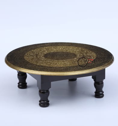 Wood To Cart® Pooja Bajot Stool/Pooja Decor/Chowki/Patla/Chowki for Daily Prayer/Sitting Chowki for All Purpose(Round Gold bajot-18x18x6 inches)