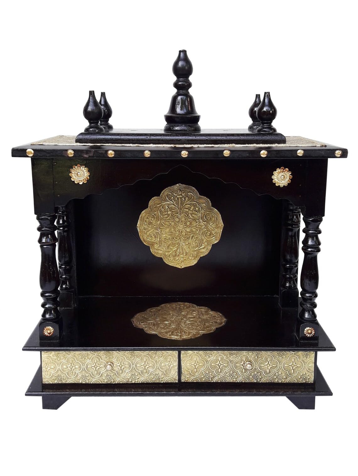 Wood To Cart® Beautiful MDF Wooden Temple/Brass Pooja Mandir for Home and Office/Wall Mounted Temple/Puja Stand(Open Black Gold - 18x9x22 inches)