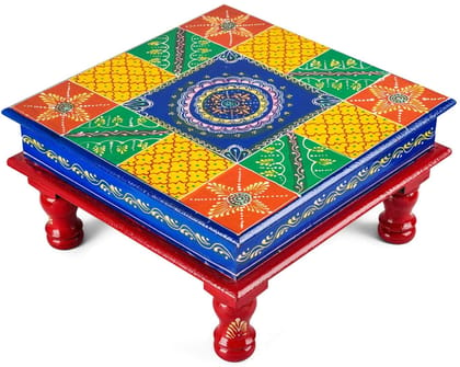 Wood_To_Cart Pooja Bajot Stool/Pooja Decor/Painted Chowki/Painted Patla/Chowki for Daily Prayer/Sitting Chowki for All Purpose(12x12x6 inches | Multicolor)