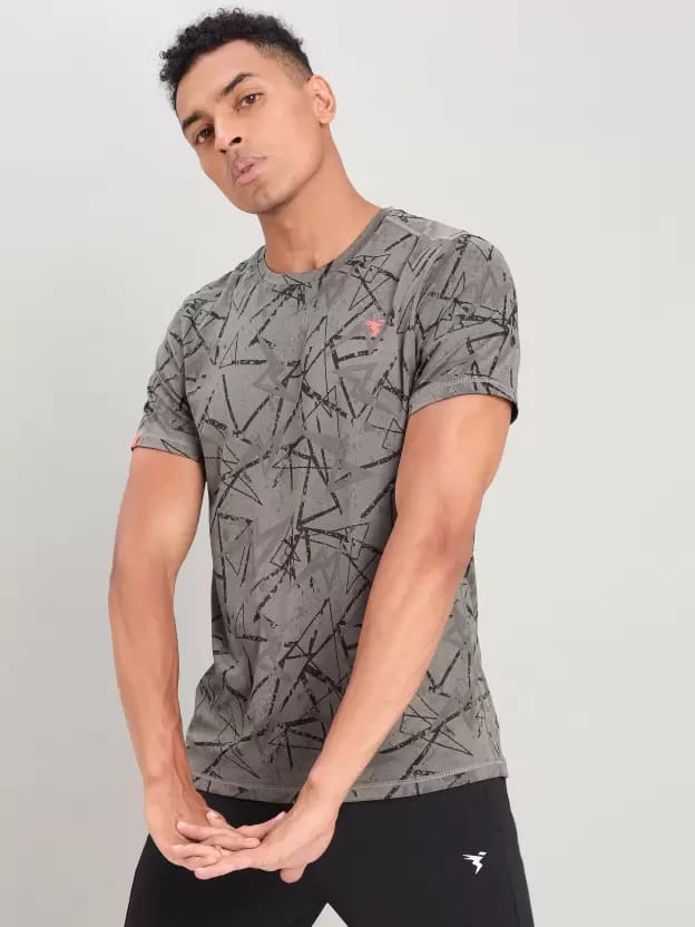 Men Printed Round Neck Polyester Grey T-Shirt