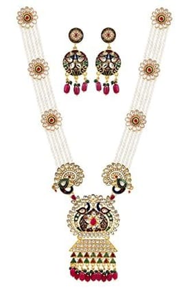 HASHONE Pearl Kundan Red Green Ad Peacock Long Rani Haar Necklace Jewelery/Jualry/Imitation/Jwellry/Jewellery Set For Women(Multi)
