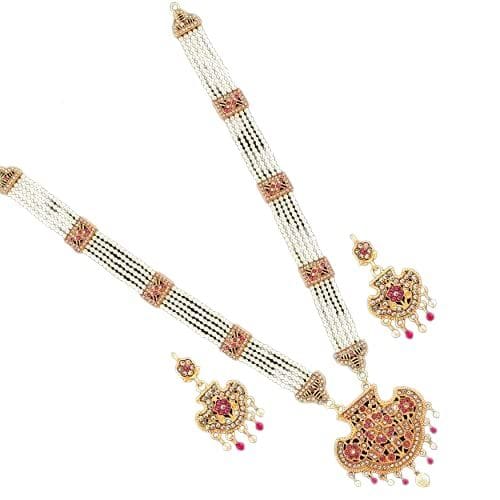 HASHONE Designer Premium Hydrabadi Indian Faux Pearl Long Necklace Jewellery Set for Women