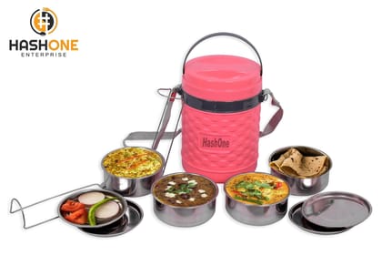HASHONE Nekza 4 Layer Inner Stainless Steel Lunch Box, Seal Tiffin Box, Leakproof Airtight Container, 4 Lunch Box 800ml (Pink - Crazy 4)