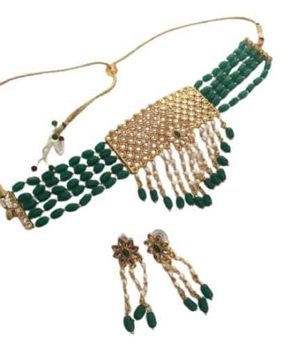 HASHONE Choker Design Antique Kundan Traditional Necklace Jewellery Set for Women, Green