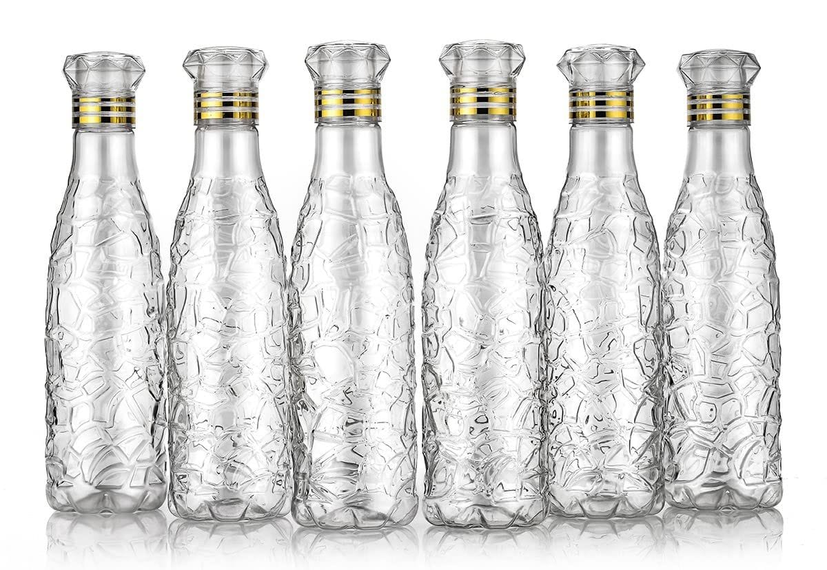 HASHONE Set of 6 Crystal Clear Water Bottle Plastic Fridge Water Bottle Set, Ideal for Office, Sports, School, Travelling, Gym, Yoga, Checkered Pattern ( 1000 ML)