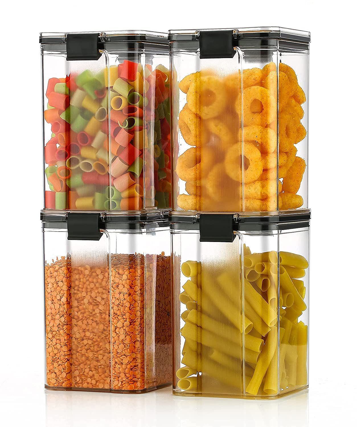 HASHONE Lock & Lock Classic Square Plastic Airtight Grocery Storage, Cereal Dispenser Storage Container 1100 ml (Pack Of 4, Black)