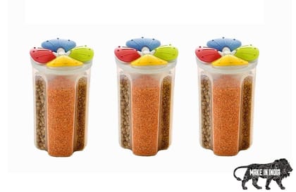 HASHONE New Plastic 4 Grid Cereal Dispenser Storage Jar Box Container Bin with Lid 2500 ML - Multicolor (4 Section)(Set of 3)