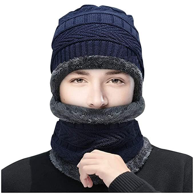 HASHONE Woollen Cap with Neck Muffler Set of 2 Free Size Fashion Snow Proof Winter for Men Thick Fleece Lined & Women Ultra Soft Plus Muffler Scarf Girl Boy - Warm and Women's Warm Snow,(Navy Blue)