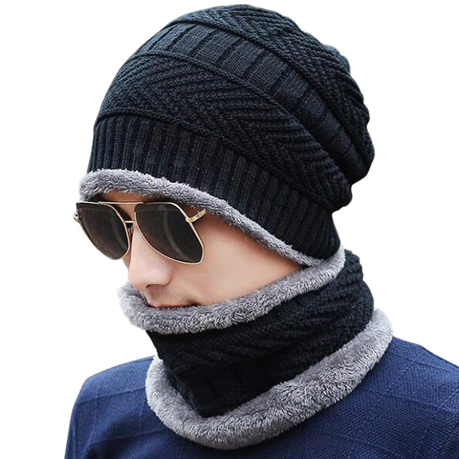 HASHONE Winter Cap with Neck Muffler/Neck Warmer Set of 2 Free Size | Snow Proof Woolen Cap for Men Inside Fur Wool Unisex Beanie Warmer Knit Hat Thick Fleece Lined & Soft Plus Muffler Scarf Girl Boy