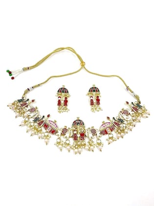 HASHONE Doli Baraat Neckless Made In Pure Brass, Nickel Free with Hanging Pearls and Jaipuri Meenakari for Women and Girls for Traditional Function