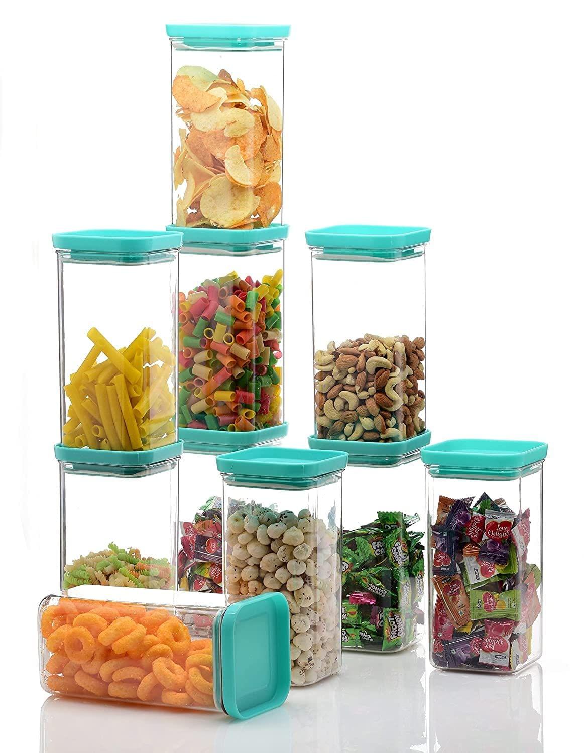HASHONE Plastic Easy Flow Cereal Dispenser Storage Box Jar Food Rice Pasta Pulses Square Containers with Lid, Idle for Kitchen 1500 ml Push Up Container Pack Of 6, Sea Green