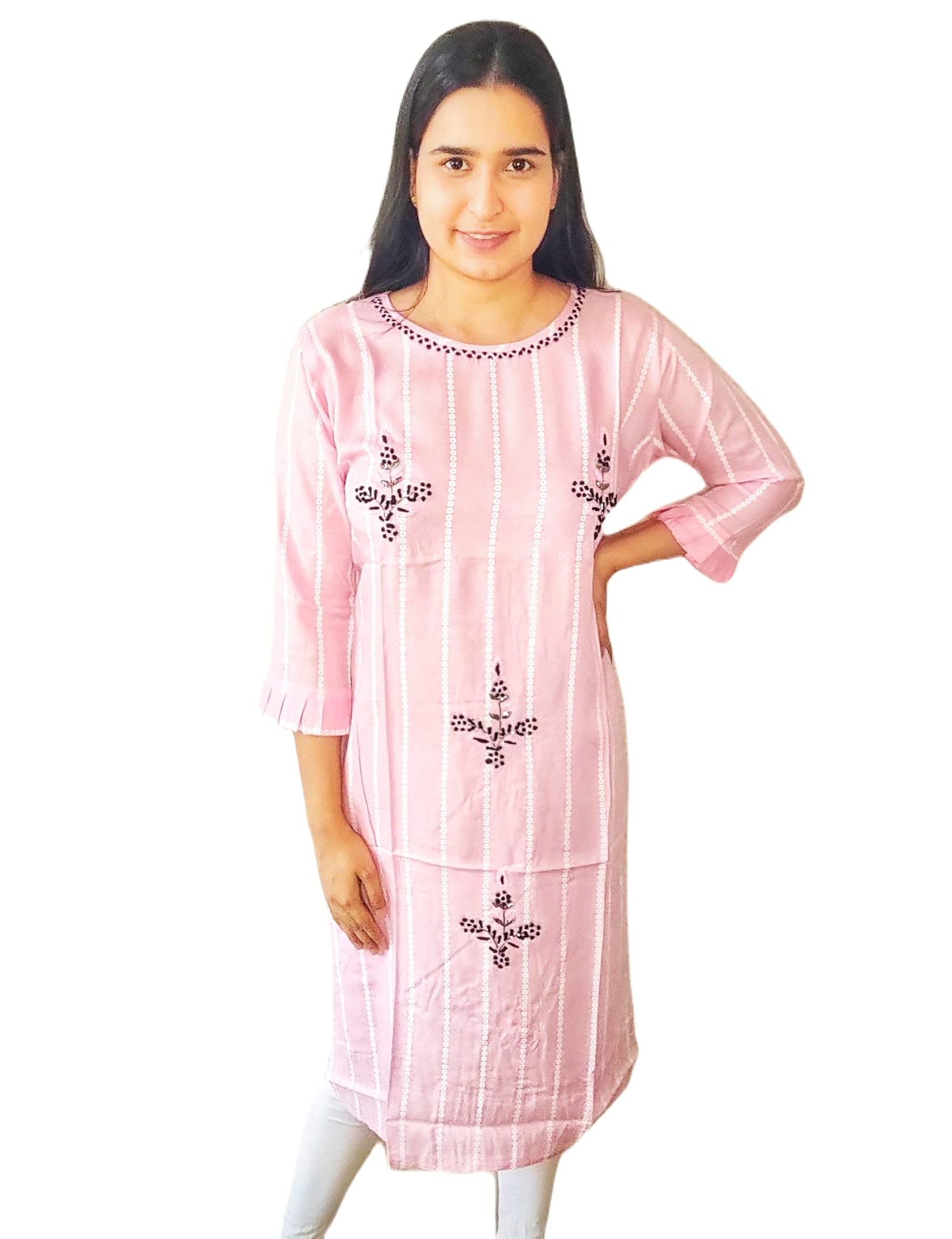 ATTIRIS Women's Rayon Embellished Straight Calf Length Kurta, Pink, 42,XL