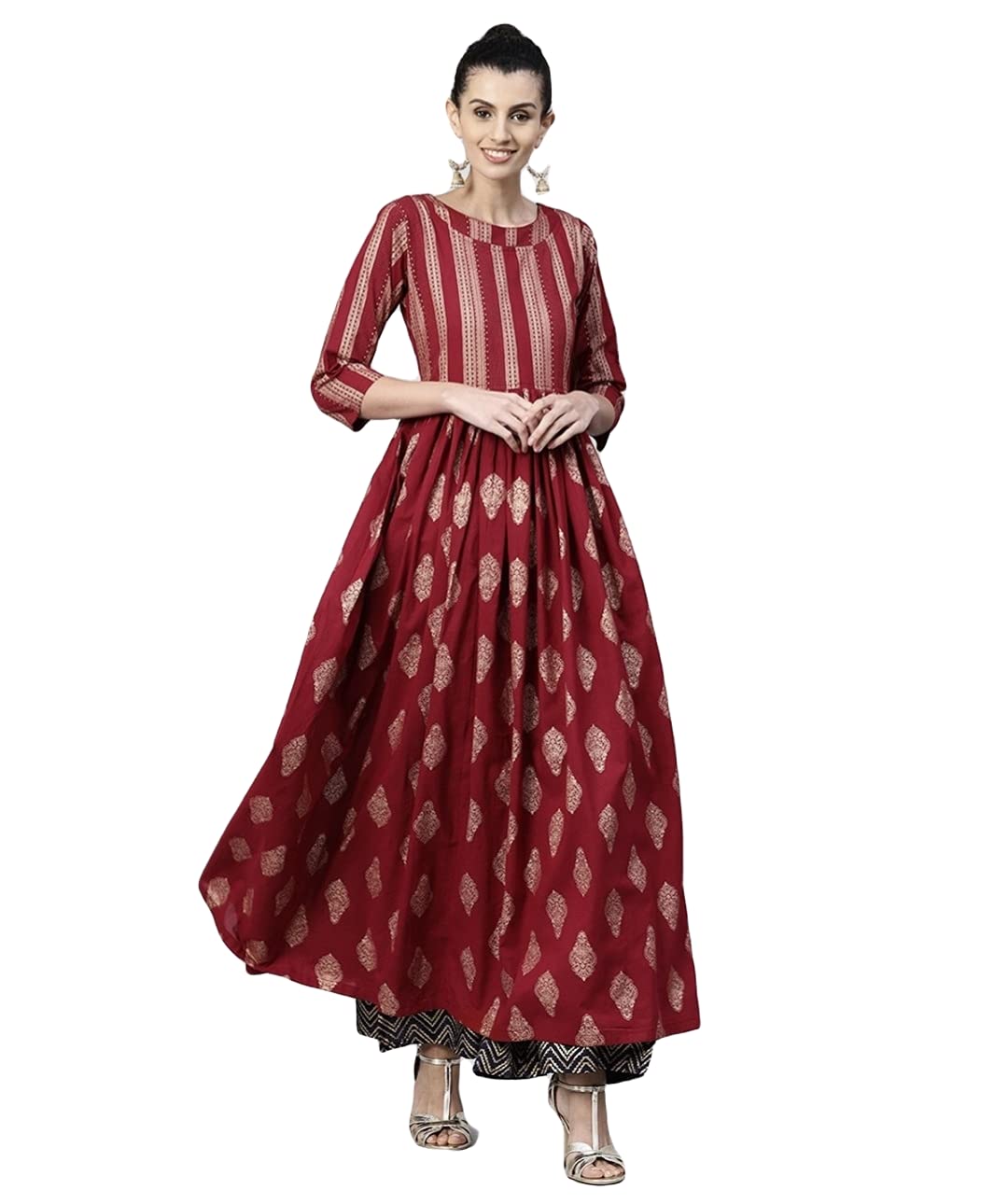 ATTIRIS Women's Cotton Printed Round Neck 3/4th Sleeve Anarkali Kurta (Maroon, 3XL, 46)