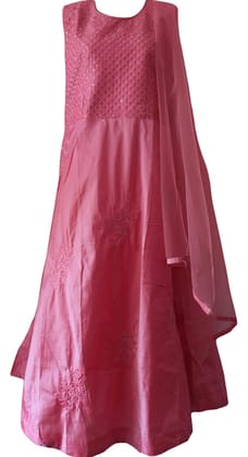 ATTIRIS Women's Cotton Embroidered Round Neck Anarkali Kurta Set with Dupatta, Pink, Large, 40