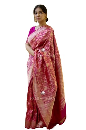 ATTIRIS Women's Silk Zari Woven Saree with Blouse Piece, Pink