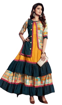 ATTIRIS Women's Rayon Solid Anarkali Round Neck Kurta with Attached Jacket, Multicolored, Large, 40