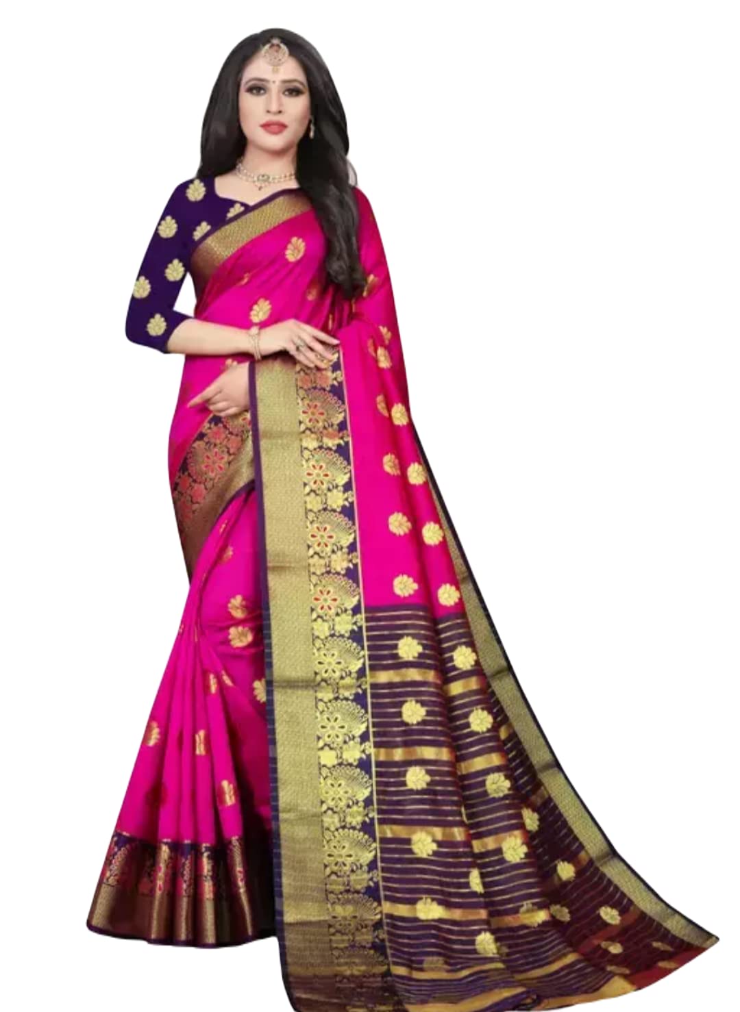 ATTIRIS Women's Banarasi Silk Saree with Blouse Piece, Pink