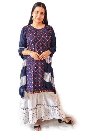 ATTIRIS Rayon Mirror Work Kurta Set with Sharara and Dupatta, XXL, 42 (Blue)