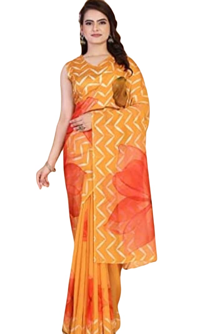 ATTIRIS Women's Organza Floral Digital Print Saree with Blouse Piece, Orange