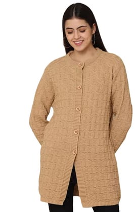 ATTIRIS Women's Cotton Solid Round - Neck Full Sleeve Sweater Cardigan, Beige