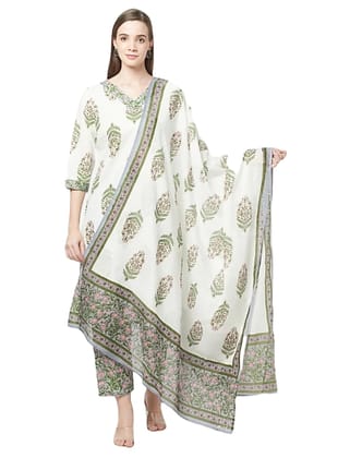 ATTIRIS Women's Cotton Straight Block Printed Kurta Pant Set with Dupatta, White, V - Neck, 3/4th Sleeve