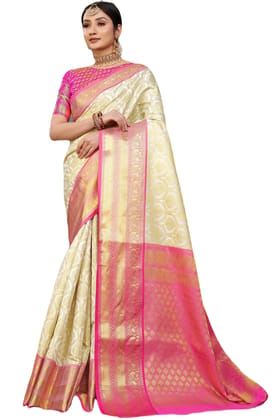 ATTIRIS Women's Banarasi Litchi Silk Jacquard Zari Woven Design Saree with Blouse Piece