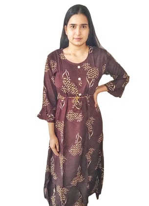 ATTIRIS Women's Rayon Printed Flared Calf Length Kurta with Dori and Belt Loops, Brown