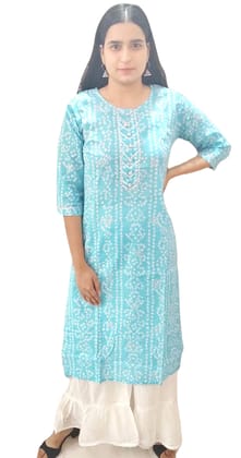 ATTIRIS Women's Cotton Printed Straight Calf Length Round Neck Kurta with Sharara, Blue