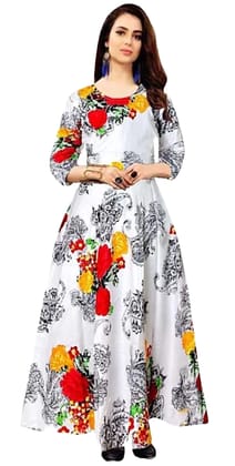 ATTIRIS Women's Rayon Printed Round Neck A - Line Maxi Kurta, Off White