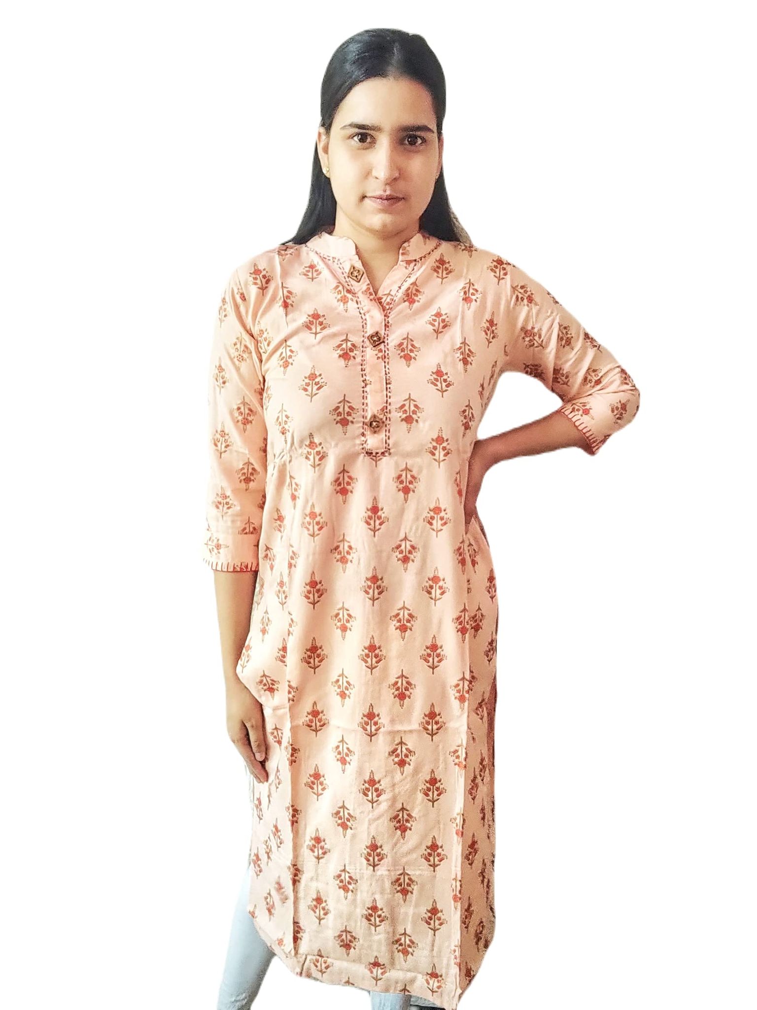 ATTIRIS Women's Cotton Printed Straight Round Neck Calf Length Kurta (Orange)