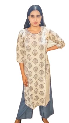 ATTIRIS Women's Cotton Printed Straight Round Neck Calf Length Kurta with Palazzo, Grey