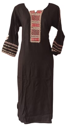 ATTIRIS Women's Rayon Solid Straight 3/4th Sleeve Calf Length Kurta, Black