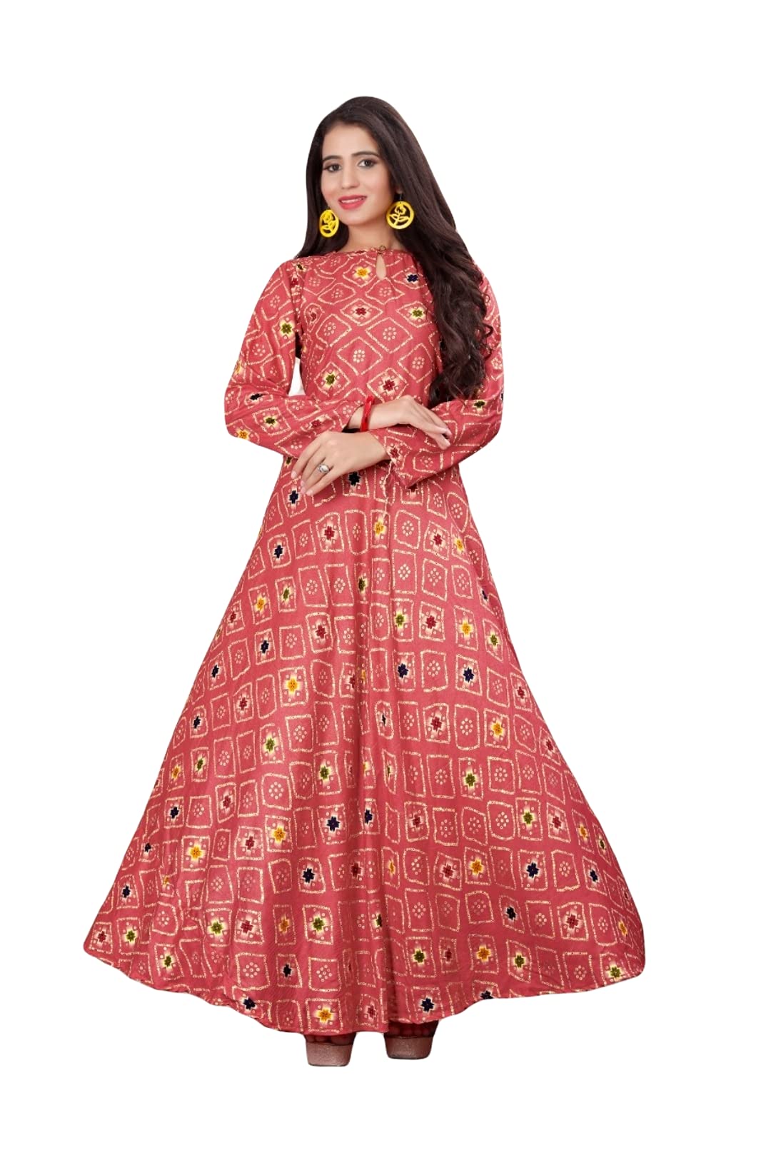 ATTIRIS Women's Rayon Printed Anarkali Round Neck Full Sleeve Kurta, Large, 40