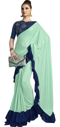 ATTIRIS Women's Lycra Blend Ruffle Solid Ready to Wear Saree with Blouse Piece (0.8m)