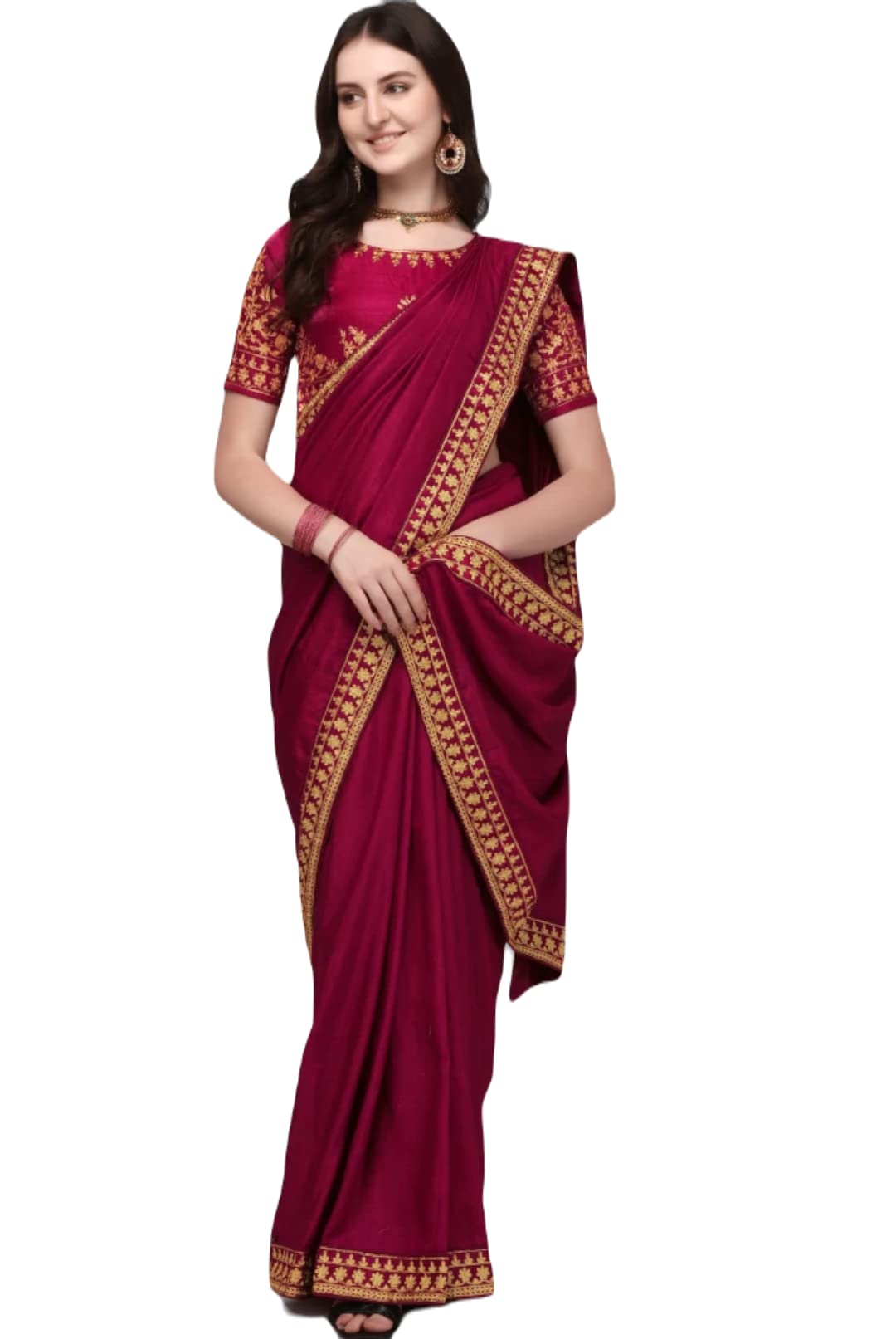 ATTIRIS Women's Embroidered Silk Solid Saree with Runing Blouse