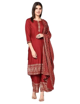 ATTIRIS Women's Rayon Straight Solid Calf Length Kurta Palazzo Set with Dupatta, Round Neck, 3/4th Sleeve.