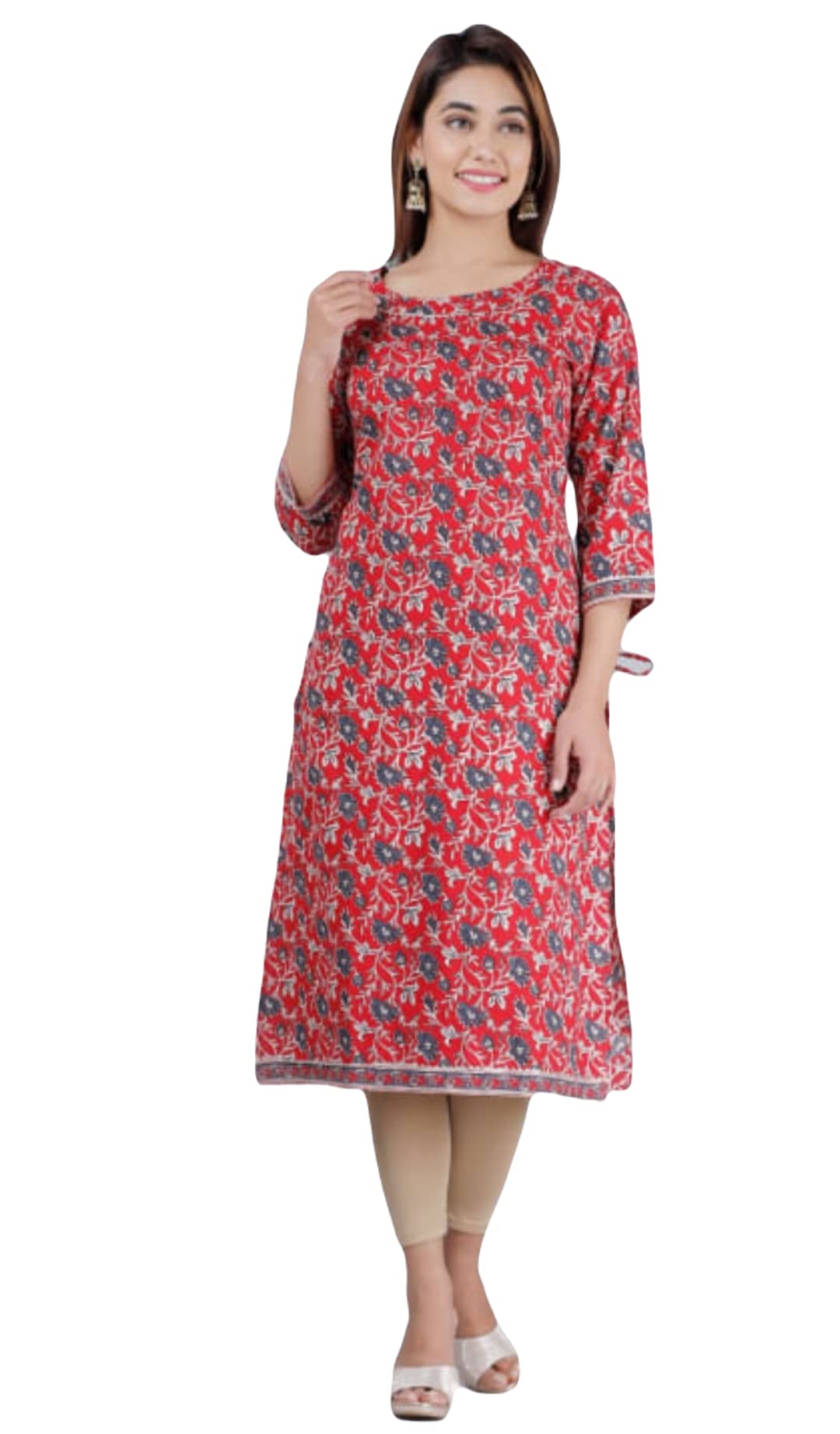 ATTIRIS Women's Cotton Printed Round Neck 3/4th Sleeve Calf Length Straight Kurti