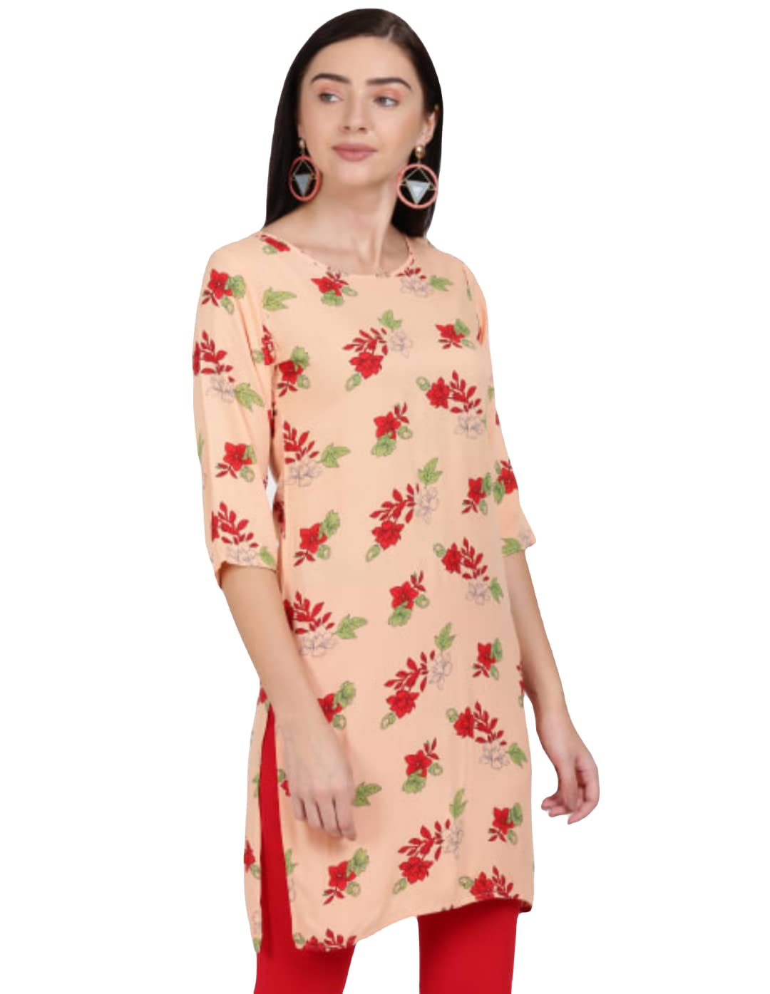 ATTIRIS Women's Rayon Straight Floral Printed Knee Length Round Neck Kurta, 3/4th Sleeve