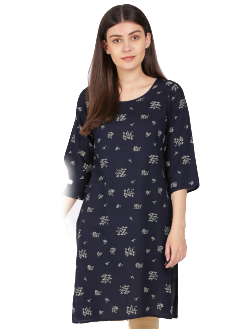 ATTIRIS Women's Rayon Floral Printed Straight Knee Length Round Neck, 3/4th Sleeves Casual Kurta, Dark Blue