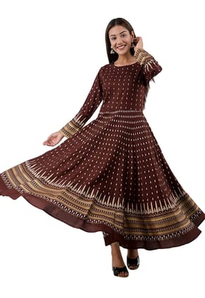 ATTIRIS Women's Rayon Printed Flared Ankle Length Anarkali Kurta, 3/4th Sleeve, 6 Meter Flairs