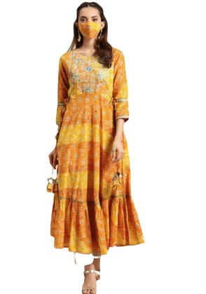 ATTIRIS Women's Cotton Printed Calf Length 3/4th Sleeve Flared Anarkali Kurta