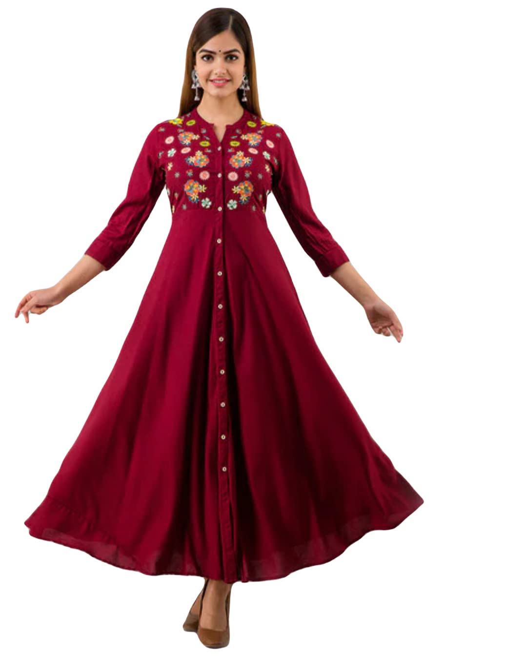 ATTIRIS Women's Cotton Solid V-Neck 3/4th Sleeve 4 Meter Flared Anarkali Kurta