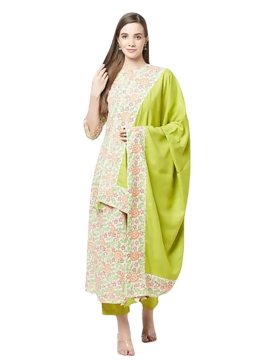 ATTIRIS Women's Cotton Floral Printed Flared Round Neck 3/4th Sleeve Kurta Set with Dupatta, Cream